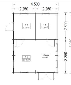 Vasarnīca SCOOT (4.5 m x 5.95 m) 26.8 m², bēniņi 10.5 m²; dzīvojamā platība 34.45 m²; 44 mm