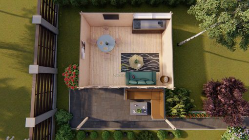 Dārza māja TRENTO (6 m x 5 m), 30 m² + 13.5 m² jumta pārkare, 44 mm