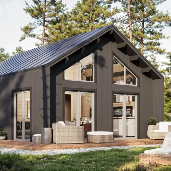 Minimāja Aurea 5,96 × 7,60 m — 4 istabas, bēniņi + terase pēc izvēles