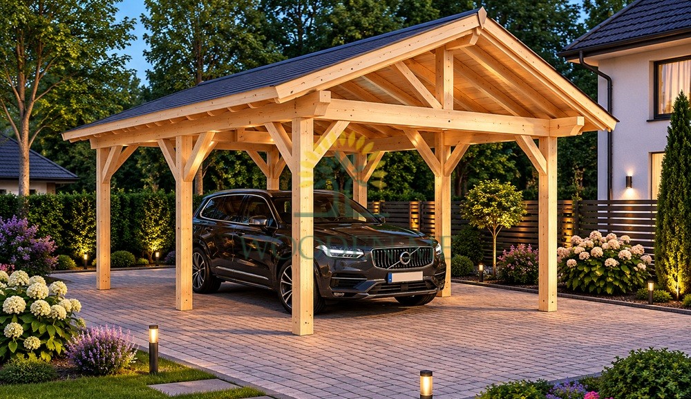 Koka auto nojume Carport-Niki (23 m²) | Divslīpju jumts Koka auto nojume Carport-Niki (23 m²) | Divslīpju jumts