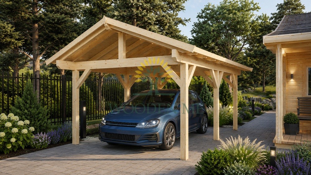 Koka auto nojume Carport-Niki (23 m²) | Divslīpju jumts Koka auto nojume Carport-Niki (23 m²) | Divslīpju jumts